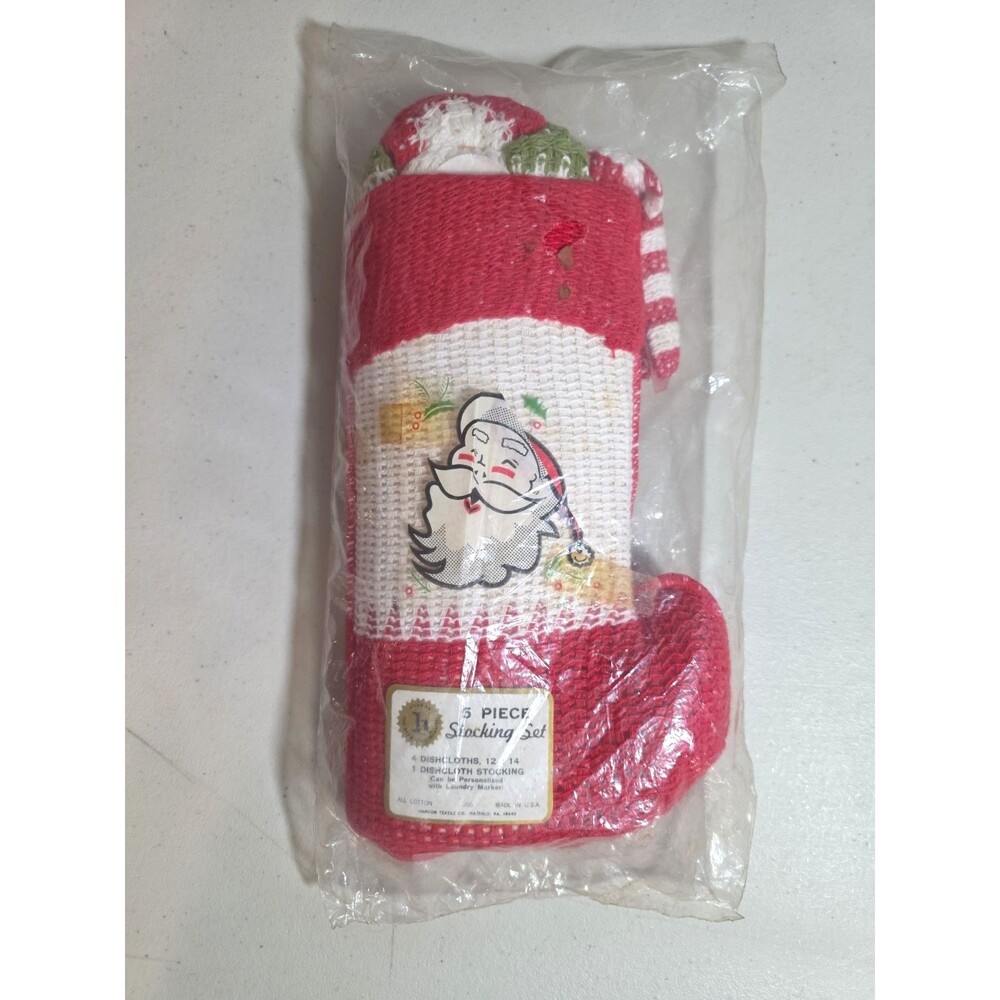 Vintage Christmas Stocking Set Red Mesh Santa Claus Ranson Textile NOS Deadstock